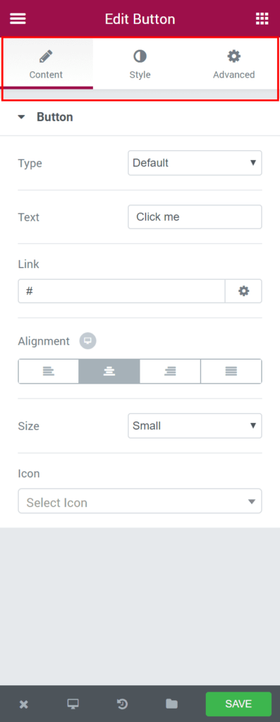 Elementor edit options for widgets
